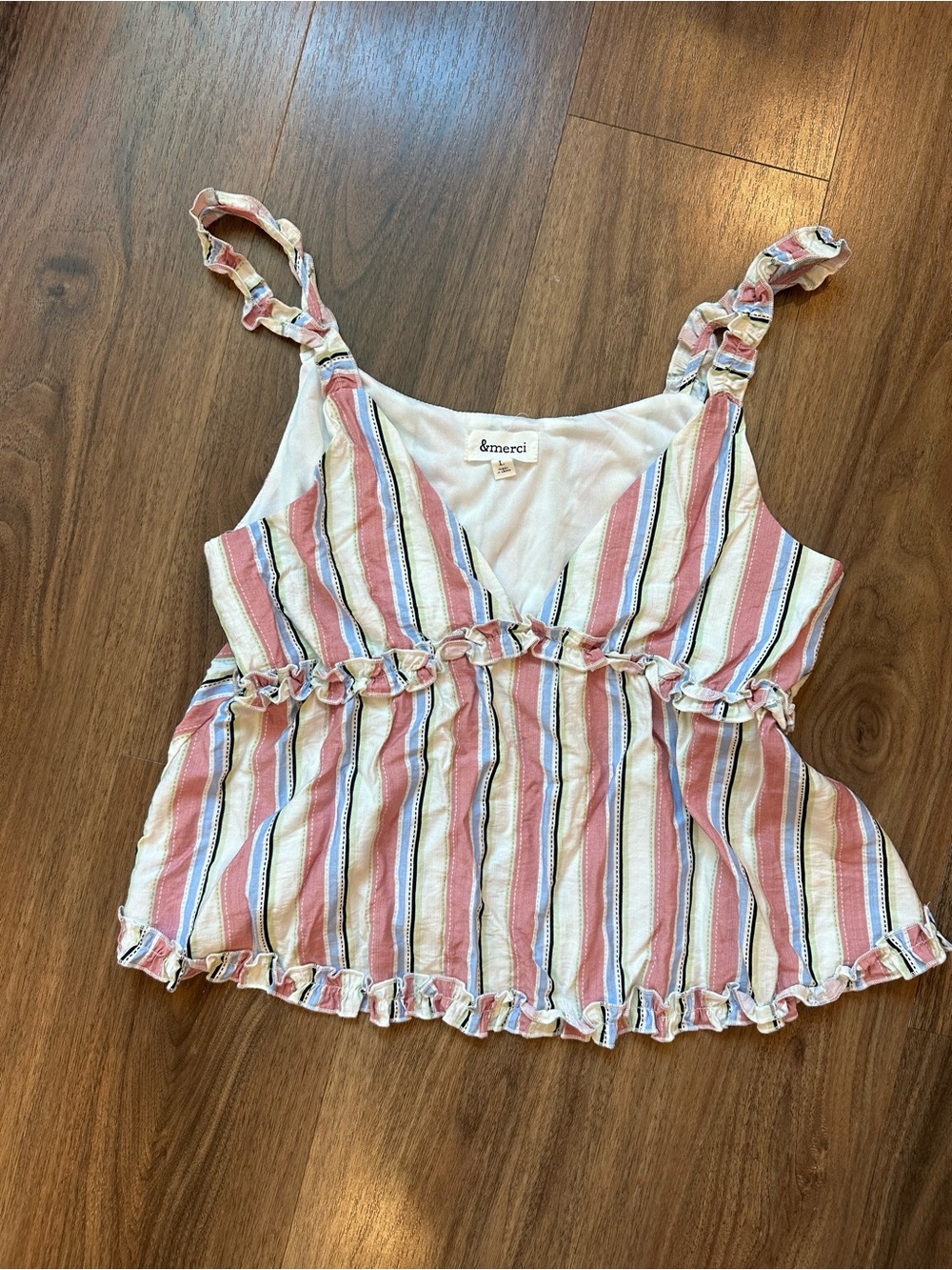 &merci Pink Stripe Ruffle Peplum Tank